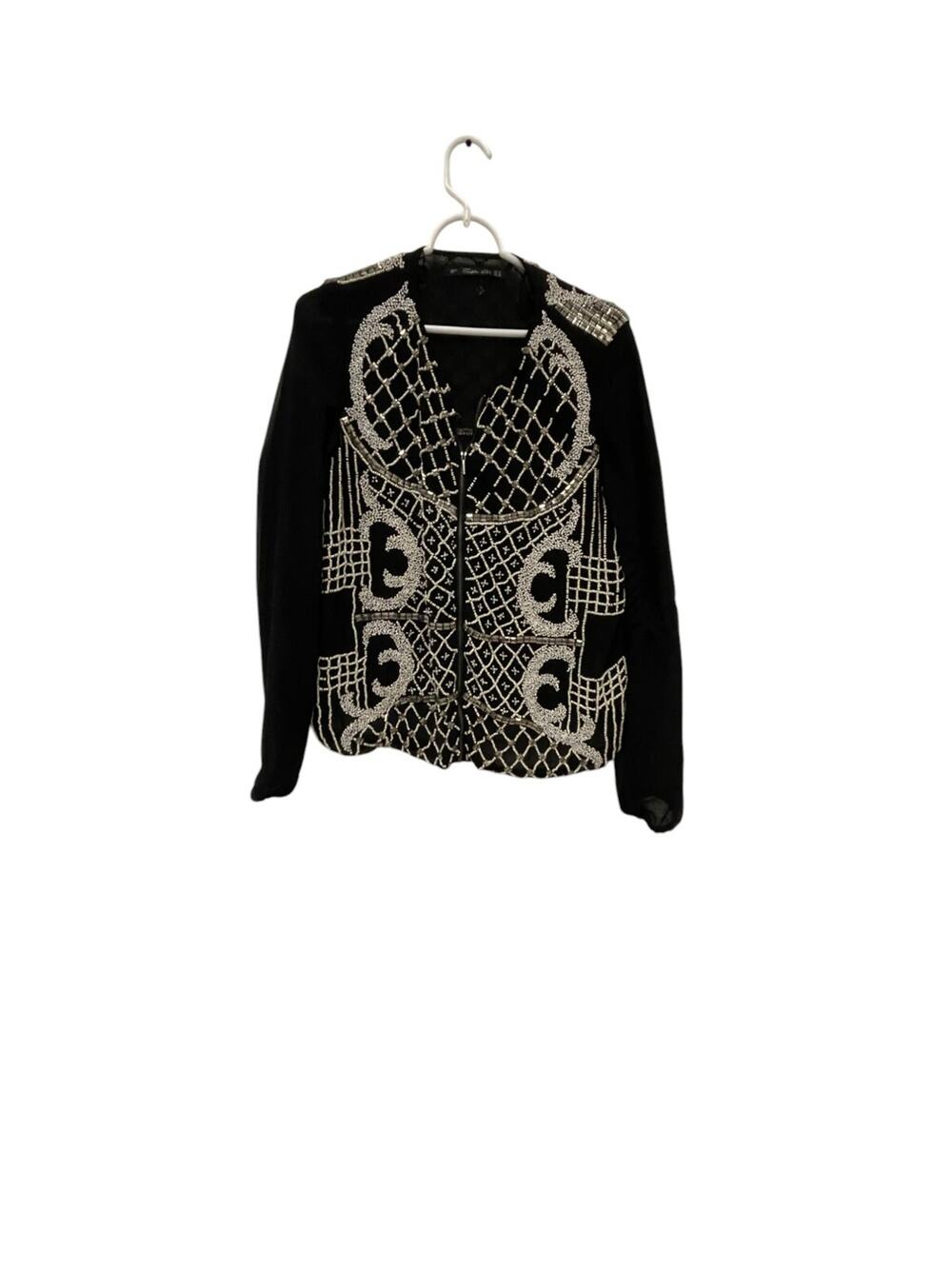Zara Trafaluc Bomber Jacket Women Medium Full Zip Black White Beaded Long Sleeve